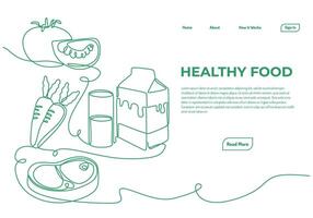 one continuous single line of healthy food background with tomato, carrots, milk and beef meat slice vector