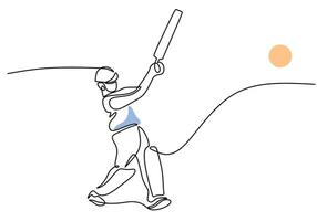 One continuous single line drawing of man cricket player stance standing and hit ball. vector