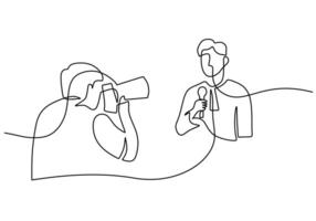 One single continuous line of journalist reporter with cameraman. vector