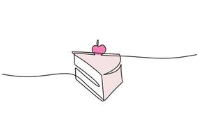 Piece of birthday cake with pink cherry topping in one continuous line drawing style. vector