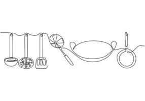 Colander, frying pan, spatula, wok and ladle in continuous line style isolated on white background. vector