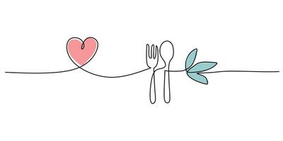 Fork, knife and spoon with vegetable leaf love symbol in continuous line art drawing style. vector