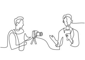 Single continuous line of journalist reporter with cameraman vector