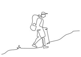 Solo hiker Mountain climbers in one continuous single line art drawing style. vector
