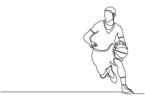 Continuous one Line Drawing Basketball Player dribbling. vector