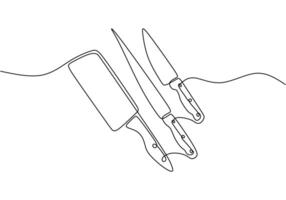 one continuous line drawing of three kind of knifes on white background. cooking and kitchen concept vector
