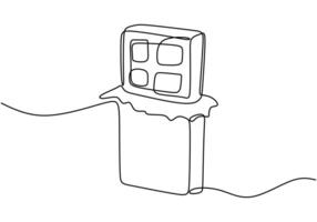Continuous one line drawing of half opened chocolate bar hand drawn illustration. vector