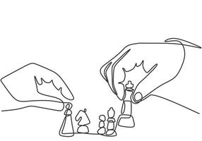 Hand play chess game on board in one continuous single line art drawing style isolated white background. vector