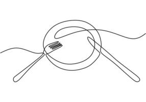 One continuous line plate, knife and fork illustration vector