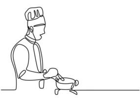 Continuous single line drawing of chef cooking. vector