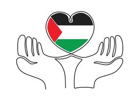 Palestine love symbol on two hands in continuous one line art vector