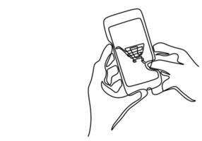 Single one line drawing of online shopping with shopping cart vector