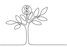 Continuous one line drawing of growing money tree vector