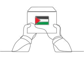 Hand holding box in one continuous line with palestine flag vector