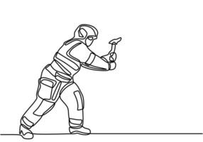 continuous line drawing of running firefighter with axe hammer. vector