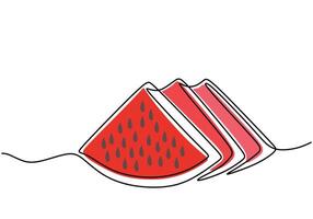One continuous line drawing of three sliced healthy organic watermelon vector