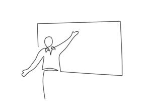 Teacher giving a lesson presentation one line drawing. vector