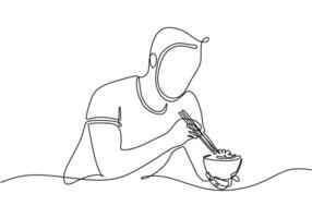 one continuous line drawing of a man eating ramen noodles with chopstick. vector
