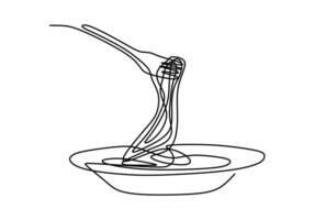 Single continuous line drawing of delicious spaghetti noodle with fork. vector