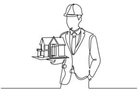 Continuous line drawing of architect manager bring house sample. vector