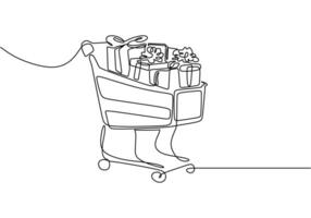 Single continuous line art shopping cart gifts trolley. vector
