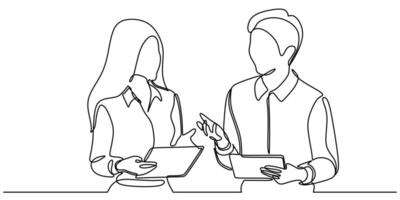 continuous line drawing of office workers at business meeting talking vector