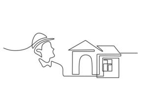 One line drawing of young engineer manager controlling construction vector