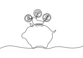 Continuous line drawing of piggy bank with coins saving money vector