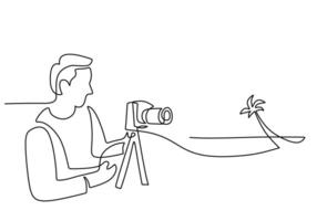 Continuous line of photographer with digital camera and tripod in beach vector