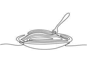 One line drawing of delicious spaghetti noodle with fork. vector
