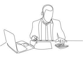 one line bookkeeper accountant works with documents and calculator. vector