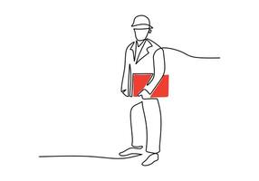 continuous line drawing of young male architect holding red paper vector