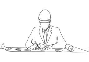 Single continuous line drawing of architect writing on blueprint paper vector