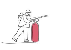 One continuous line drawing of firefighter extinguished the fire vector