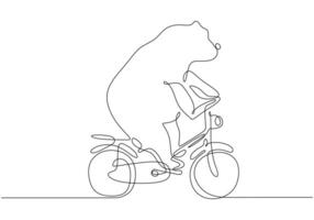 bear riding a bicycle in one single continuous line drawing style isolated on white background. vector