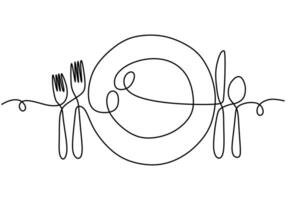 One continuous single line drawing of plate, spoon, fork and knife. vector