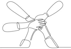 One line drawing of people unite their hands to form five star shape. vector