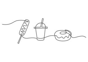 one continuous line drawing of donuts, sweet drinks and candy isolated on white background. vector