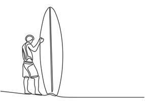 surfer athlete bring surfing board in one continuous single line art drawing on white background vector