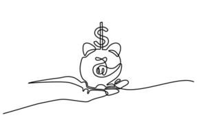 one continuous line drawing of piggy bank on opened hand. Safe money and business finance concept. vector