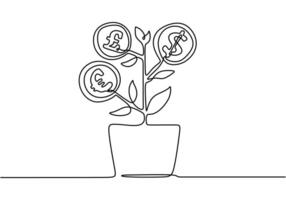 Continuous one line drawing hand with money plant in pot vector