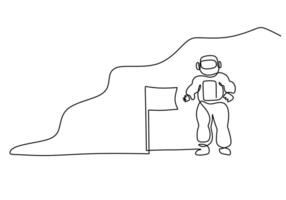 Single continuous line drawing of Astronaut with flag spacewalk vector