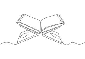 Holy quran with board in one single continuous line drawing style for Ramadan kareem concept vector