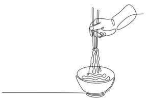Hand hold chopstick with ramen or ramyeon one line drawing vector