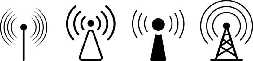 Set of Wireless Signal Tower Icons. Radio tower. Antenna icon. Communication tower. Broadcast transmission. Concept of network, data transmission, broadcasting, telecommunication, and transmitter vector