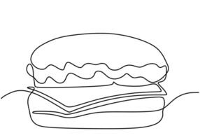 One continuous line drawing of delicious burger Fast food vector