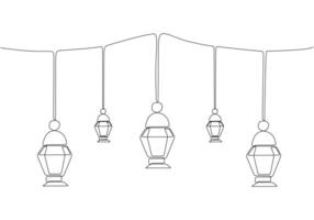 Hanging lanterns in one line drawing. Ramadan kareem concept vector