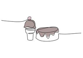 continuous line drawing of ice cream and donuts with chocolate topping isolated on white background. vector