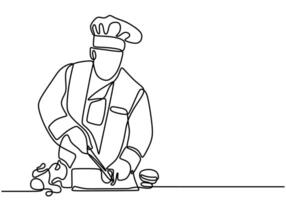 Continuous single line drawing of chef cutting food vector