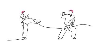 Continuous single line drawing of young man confident karateka in kimono practicing karate combat. vector